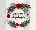 Realistic Merry Christmas Wreath Vector Illustration On Wood Background
