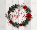 Realistic Merry Christmas wreath vector illustration on wood background Royalty Free Stock Photo