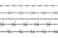 Realistic metal barbed wire, seamless borders with spikes. Jail or army fence protection with barbs. Boundary defense