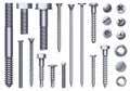 Realistic metal bolts, steel nuts, rivets and screws. Stainless construction hardware top and side view. Chrome bolt and