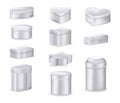 Realistic metal box mockup set. Aluminum containers boxes different shapes Royalty Free Stock Photo