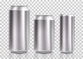 Realistic metal cans. Aluminum bear soda and lemonade cans with water drops, energy drink blank mockup. Isolated set canned Royalty Free Stock Photo