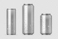 Realistic metal cans. Aluminum bear soda and lemonade cans with water drops, energy drink mockup. Vector isolated set