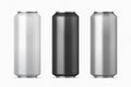 Realistic metal cans. Aluminum beer and lemonade beverage can of different colors. Vector black silver white cans set on Royalty Free Stock Photo