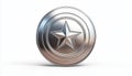 Realistic Metal Chrome Comics Shield With Star Design And Centered Star Emblem - High-Quality Metal Circle Shield In Stock Royalty Free Stock Photo