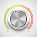 Realistic metal control panel tumbler. Music audio sound volume knob button minimum maximum level. Rotate switch interface. Vector