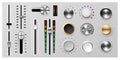 Realistic metal dashboard dial. Radio panel knobs. Round buttons and adjustment levels for stereo sound and music equipment.