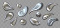 Realistic metal drops. 3D chrome paint splash. Mercury drip and liquid silver blob shapes. Melted smears or round