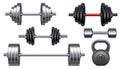 Realistic metal dumbbells, kettlebell and barbell for gym weight training. 3d fitness and bodybuilding exercise iron
