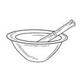Realistic metal pounder mortar and pestle bowl for poppy seed spices grinding. Hand drawn vector sketch illustration engraving