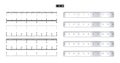 Realistic metal rulers with black inch scale for measuring length or height. Various measurement scales with divisions