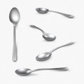 Realistic metal spoon. 3D silver teaspoon isolated on white, stainless steel shiny tablespoon. Vector isometric set of