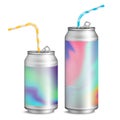 Realistic Metallic Cans Vector. Soft Drink. 3D Blank Aluminium Cans. Colorful Drinking Straws. Different Types. Good For
