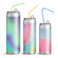 Realistic Metallic Can Vector. Soft Energy Drink. 3D Template Aluminium Cans. Colorful Drinking Straws. Different Types