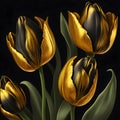 Realistic metallic gold tulip flowers illustration on isolated black background