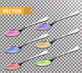 Realistic Metallic teaspoon with liquid, syrup set. 3d tablespoon collection. Isolated on a transparent background