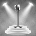 Realistic microphone. White podium for stage and 3d mic. Sound studio equipment, concert or radio vector element