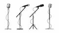 Realistic microphones. 3D professional metal mics with wire on holder, stand-up and blogging equipment. Vector vintage