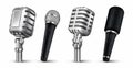 Realistic microphones. 3D studio and scene audio equipment, vintage and modern metal mics isolated on white. Vector blog Royalty Free Stock Photo