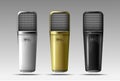 Realistic microphones in three colors. Gray gold black. Vector.