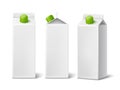 Realistic milk box. Aseptic lactic packs. White cardboard packaging mockup for branding. Juices and beverage containers