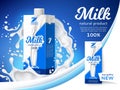 Realistic milk poster. Cardboard box with pasteurized drink, dairy product, packaging design, white splashes and waves