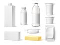 Realistic milk products. Dairy food and drinks. Different blank white packaging plastic, glass and cardboard, yogurt