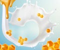 Realistic Milk Spiral Jet with 3d honeycombs whirl in the air. honey flow. Bright Background.Vector