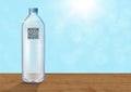 Realistic mineral drinking water bottle with QR code on wooden table on blurred blue bokeh background, vector illustration