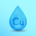 Realistic Mineral drop Cu Copper design. Blue nutrition design for beauty, cosmetic, heath advertising. Cu Copper