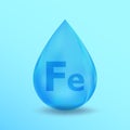 Realistic Mineral drop Fe Iron design. Blue nutrition design for beauty, cosmetic, heath advertising. Fe Iron Mineral