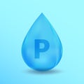 Realistic Mineral drop P Phosphorus design. Blue nutrition design for beauty, cosmetic, heath advertising. P Phosphorus