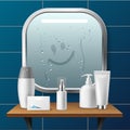 Realistic mirror. Drawn smiley face on condensation, modern bathroom decor in metal frame, toilet interior reflective