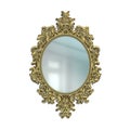 Realistic mirror with golden decorative frame. Reflective surface in Victorian ornate border. Hanging on wall royal Royalty Free Stock Photo