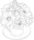 Realistic mix flower bouquet with rose and leafs in a mug sketch template.