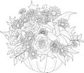 Realistic mix flower bouquet with roses, gerbera and leafs in pumpkin sketch. Vector illustration in black and white