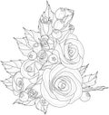 Realistic mix flowers bouquet with roses, leafs and berries sketch template