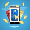 Realistic Mobile Phone Payment Concept with Credit Plastic Card and Golden Coins. Vector