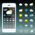 Realistic mobile phone with weather forecast widget and icons Royalty Free Stock Photo