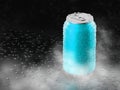 Realistic mock up aluminum blue can,with clod and droplet condensation,on black background,with beverage,water,energy drink,beer, Royalty Free Stock Photo