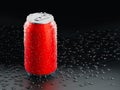 Realistic mock up aluminum red can,with clod and droplet condensation,on black background,with beverage,water,energy drink,beer, Royalty Free Stock Photo