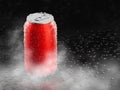 Realistic mock up aluminum red can,with clod and droplet condensation,on black background,with beverage,water,energy drink,beer, Royalty Free Stock Photo