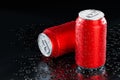 Realistic mock up aluminum red can,with clod and droplet condensation,on black background,with beverage,water,energy drink,beer, Royalty Free Stock Photo