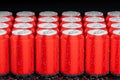 Realistic mock up aluminum red can group,clod and droplet condensation,on black background,with beverage,water,energy drink,beer, Royalty Free Stock Photo