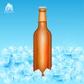 Realistic mock up brown bottle of beer on ice cubes on blue