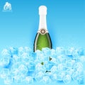 Realistic mock up green bottle of champagne on ice cubes on blue