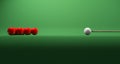 Realistic mock up of snooker table with red and white balls, cue to aiming Royalty Free Stock Photo