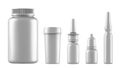 Realistic mock up white bottles for drugs, tablets, drops and spray etc. 3d Plastic blank medical containers isolated on white Royalty Free Stock Photo