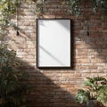 Blank Poster Mockup on Rustic Brick Wall with Plants and Edison Bulbs Royalty Free Stock Photo