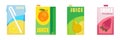 Realistic mockup of pack and box of orange juice. Set of cardboard boxes and packaging for orange juice and drinks, view Royalty Free Stock Photo